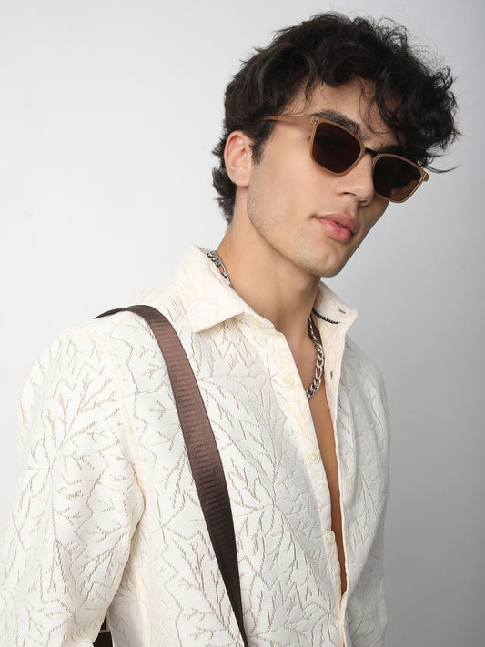 Interweave Ivory Leaf Textured Crochet Shirt