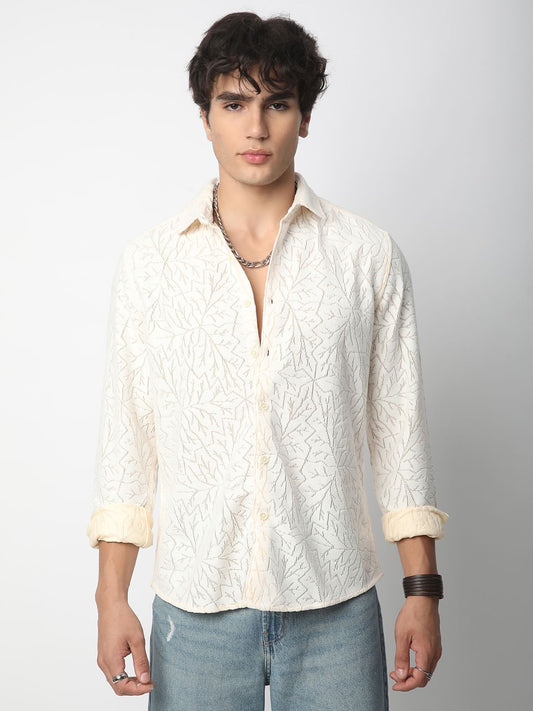 Interweave Ivory Leaf Textured Crochet Shirt