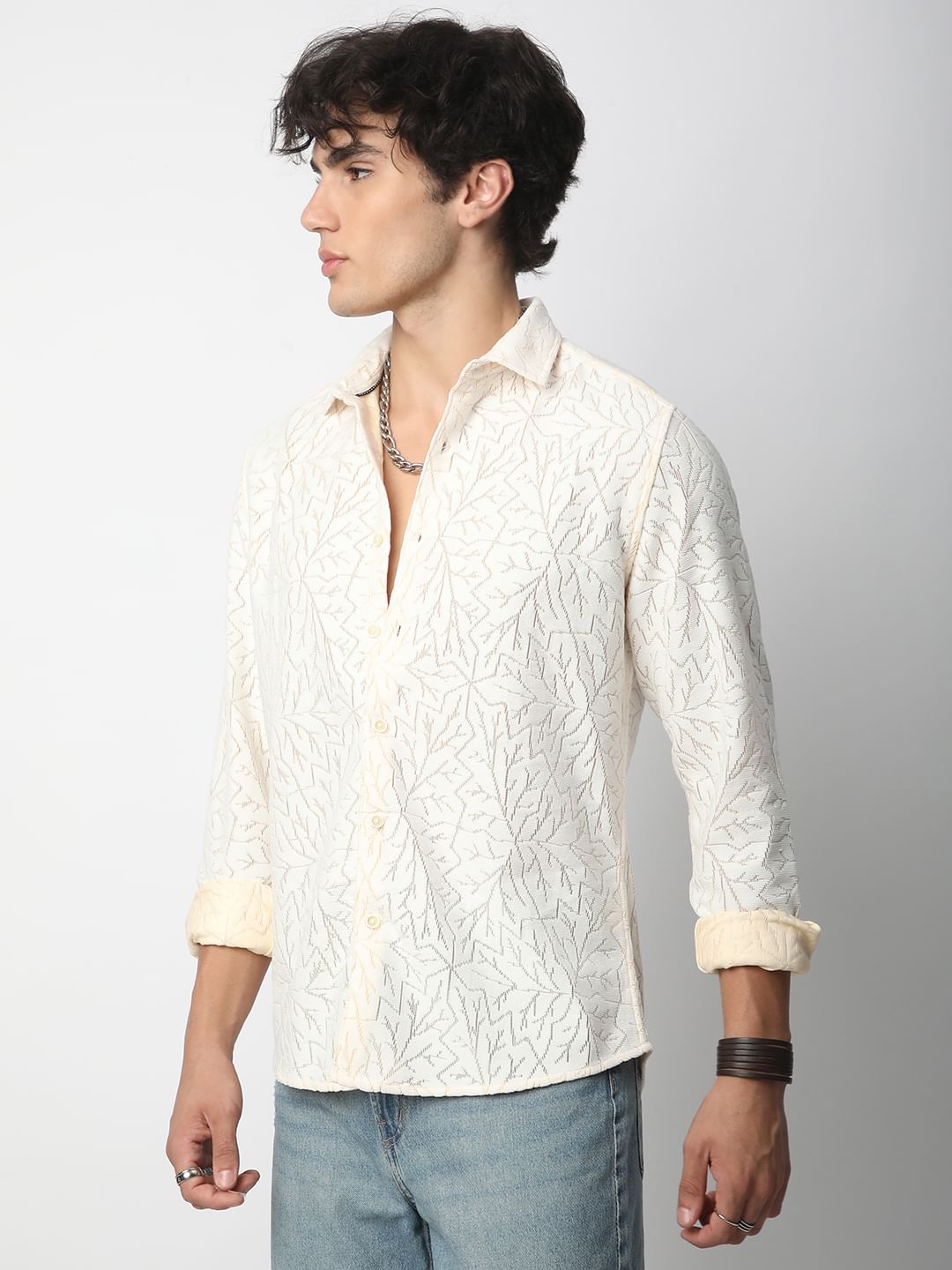 Interweave Ivory Leaf Textured Crochet Shirt