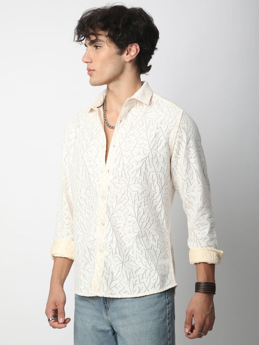 Interweave Ivory Leaf Textured Crochet Shirt