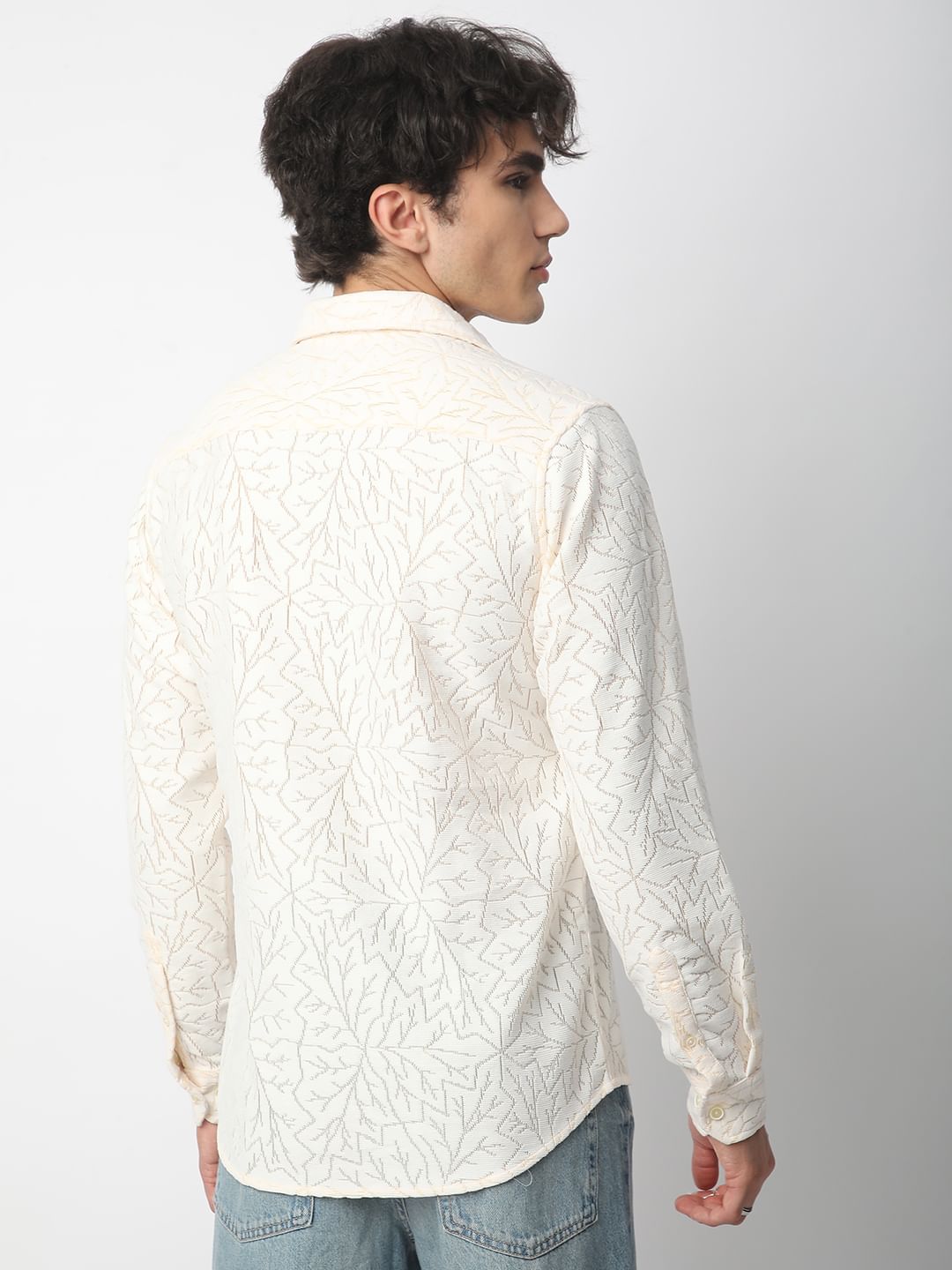 Interweave Ivory Leaf Textured Crochet Shirt