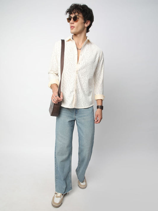 Interweave Ivory Leaf Textured Crochet Shirt