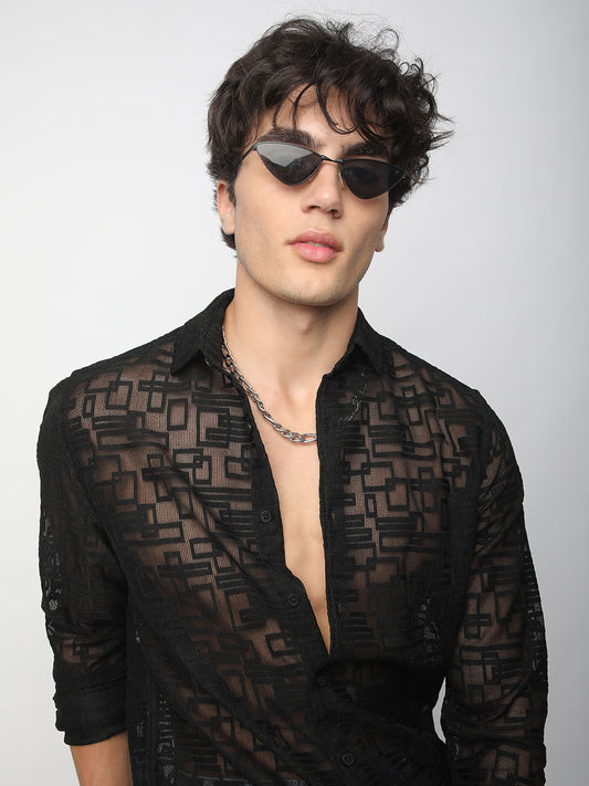 Breezy Black Maze Textured Mesh Shirt