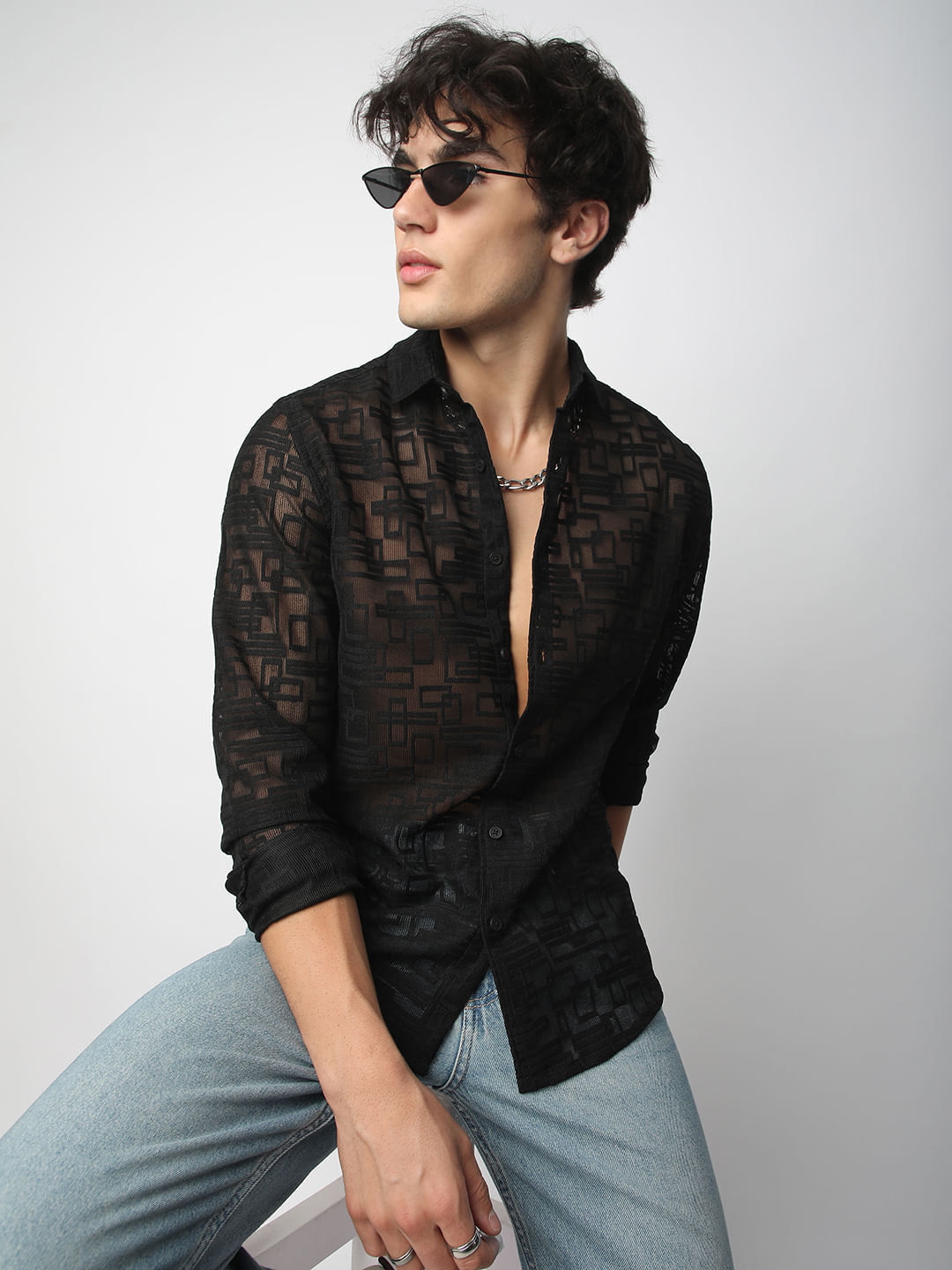 Breezy Black Maze Textured Mesh Shirt