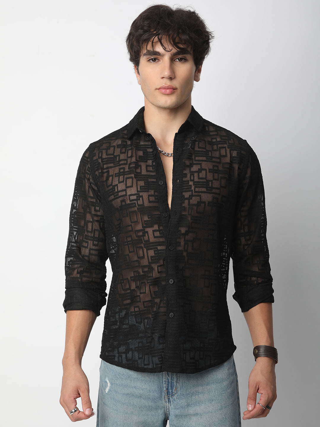 Breezy Black Maze Textured Mesh Shirt