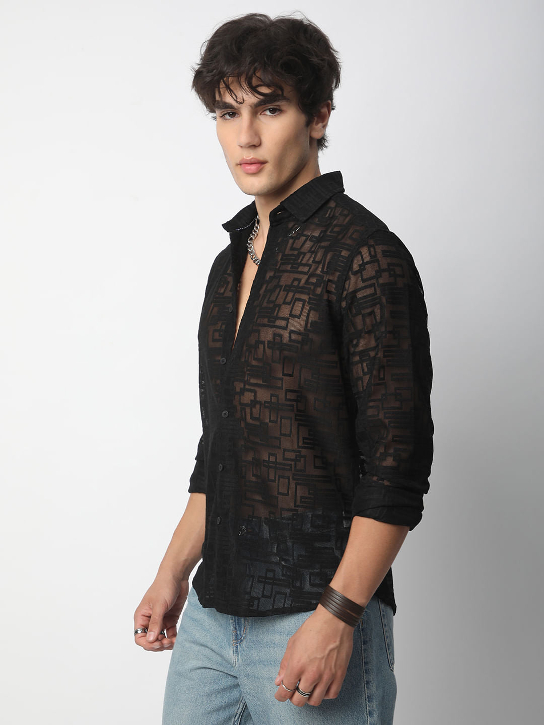 Breezy Black Maze Textured Mesh Shirt