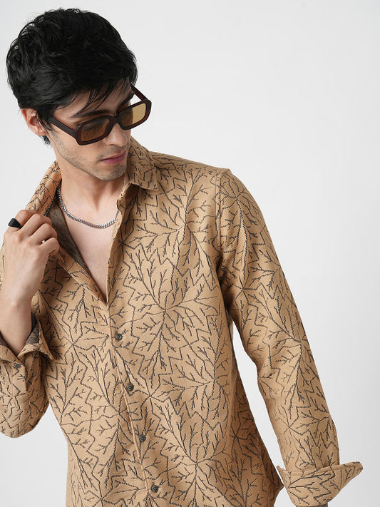 Camel Beige Autumn Leaf Textured Crochet Shirt