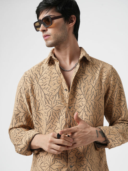 Camel Beige Autumn Leaf Textured Crochet Shirt