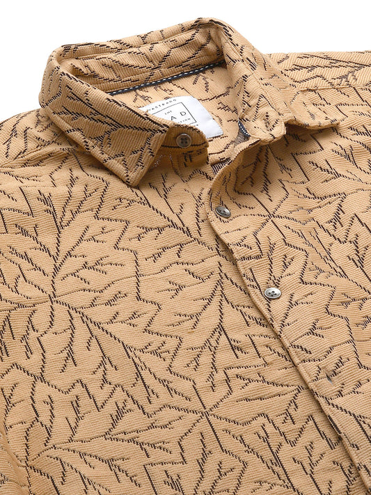 Camel Beige Autumn Leaf Textured Crochet Shirt