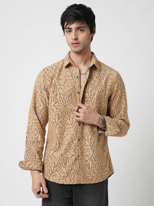 Camel Beige Autumn Leaf Textured Crochet Shirt