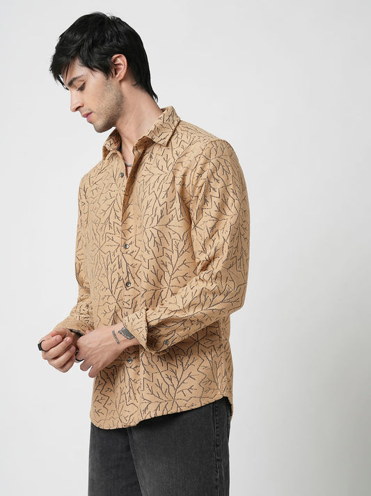 Camel Beige Autumn Leaf Textured Crochet Shirt