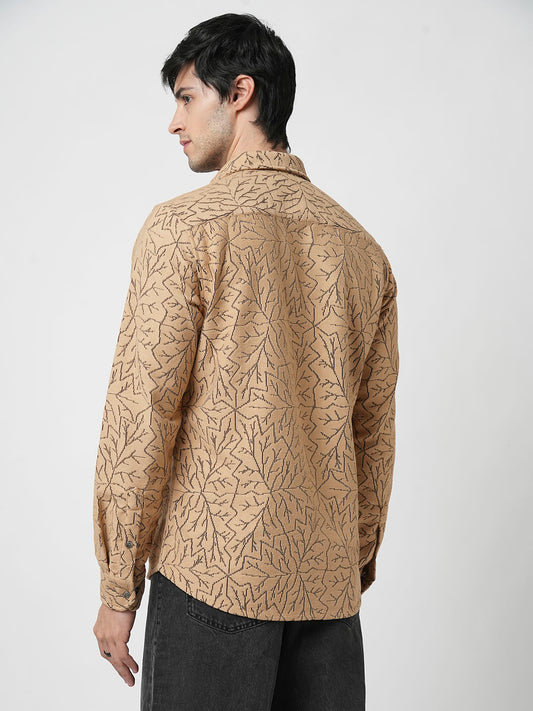 Camel Beige Autumn Leaf Textured Crochet Shirt