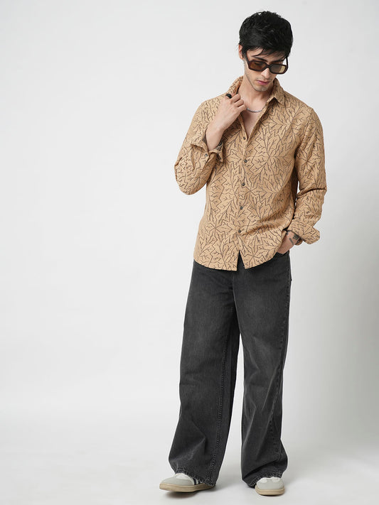 Camel Beige Autumn Leaf Textured Crochet Shirt