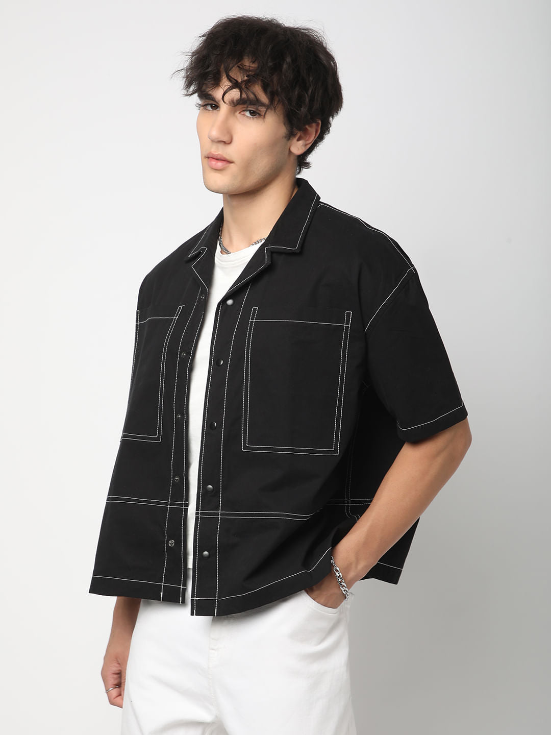 Black Double Pocket Oversized Cropped Shirt