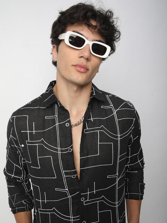 Quirky Black Contrast Embroidered Shirt