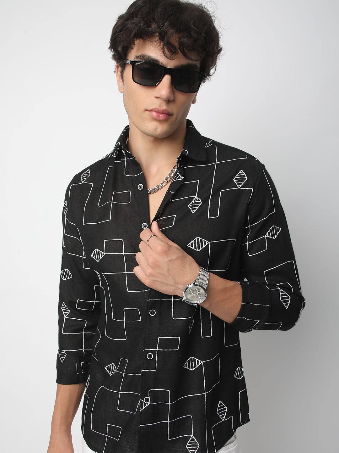 Schmick Black Lozenge Maze Embroidered Shirt