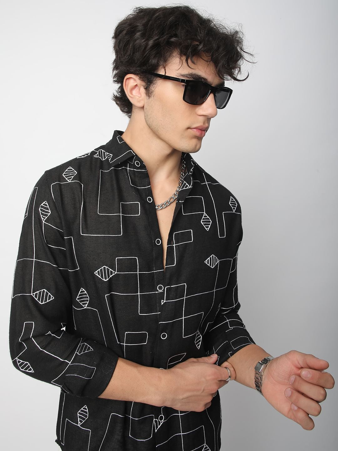 Schmick Black Lozenge Maze Embroidered Shirt
