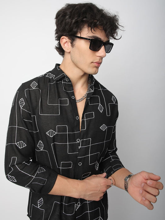 Schmick Black Lozenge Maze Embroidered Shirt