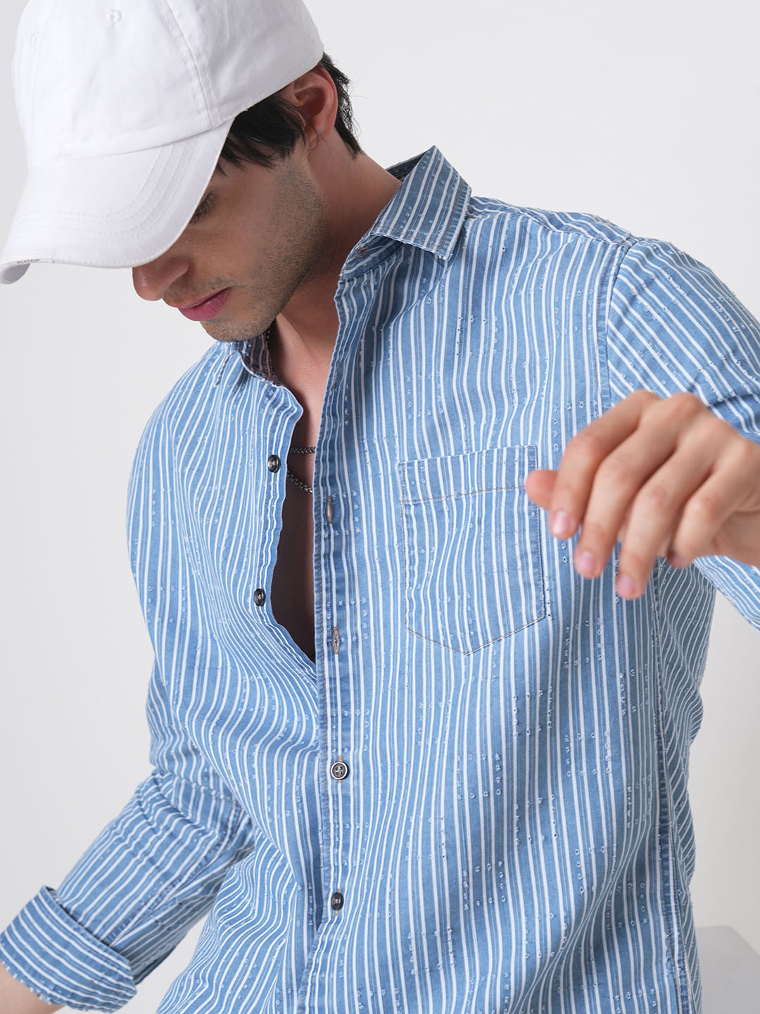 Blue Squarish Laser Cut Striped Shirt