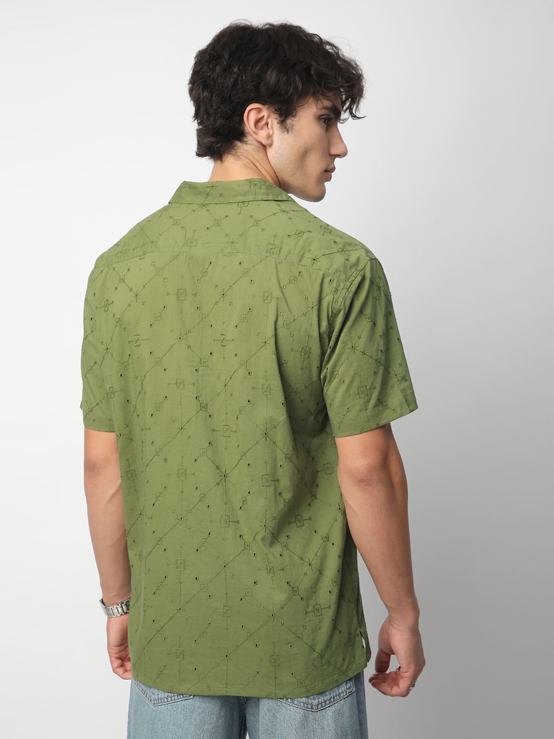 Intricate Olive Geometric Embroidered Oversized Shirt