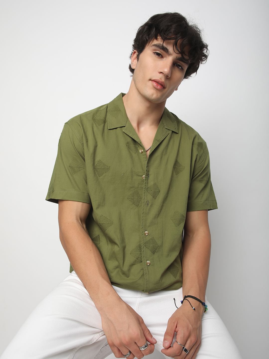 Olive Leaf Embroidered Oversized Shirt