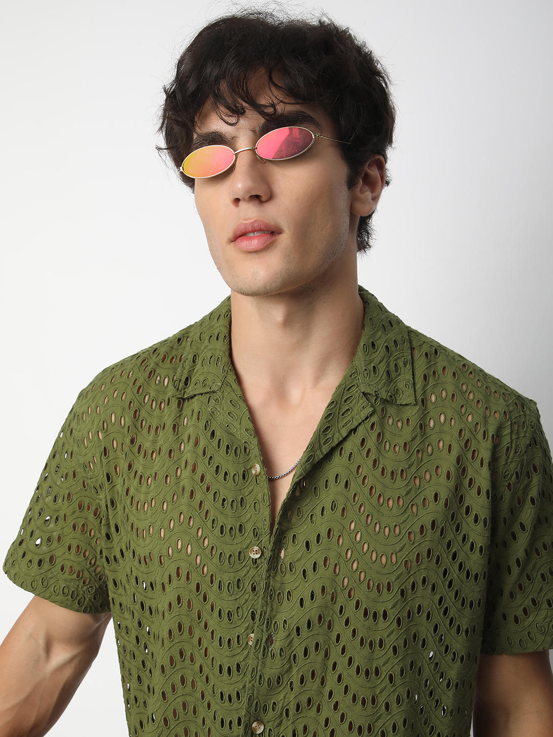 Olive Curved Schiffli Oversized Shirt