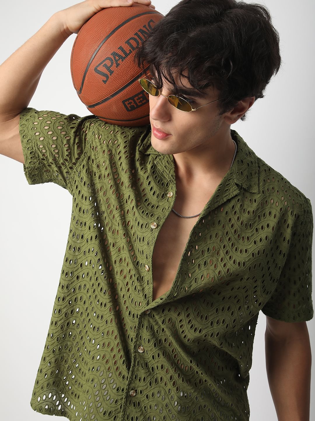 Olive Curved Schiffli Oversized Shirt