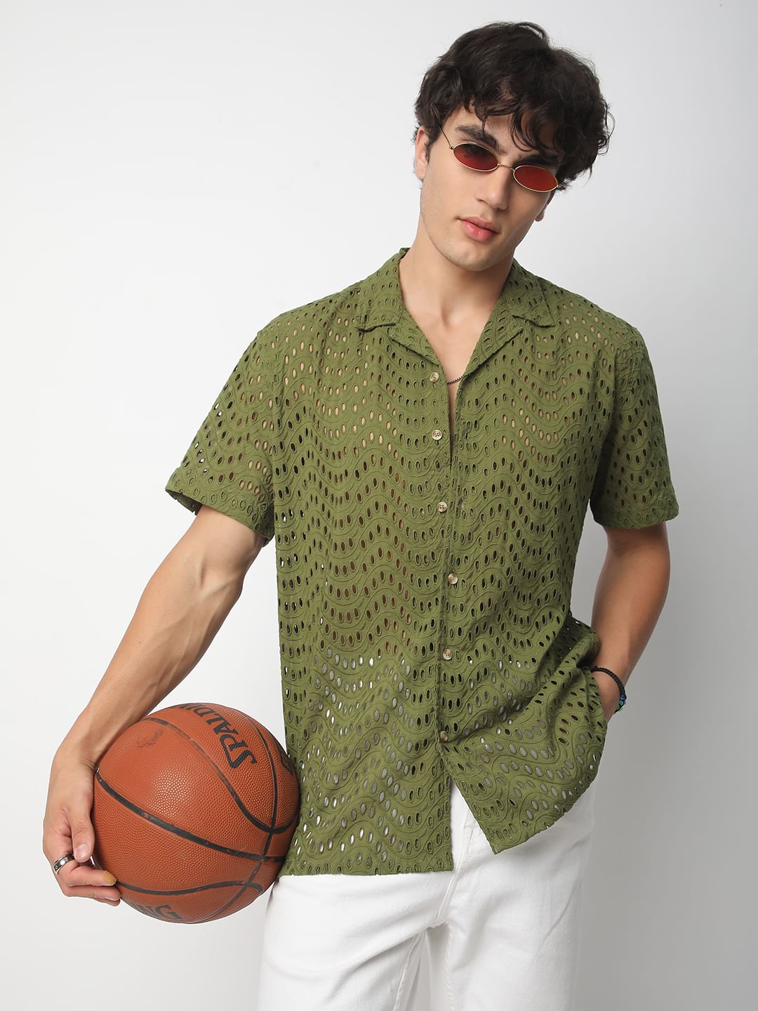 Olive Curved Schiffli Oversized Shirt