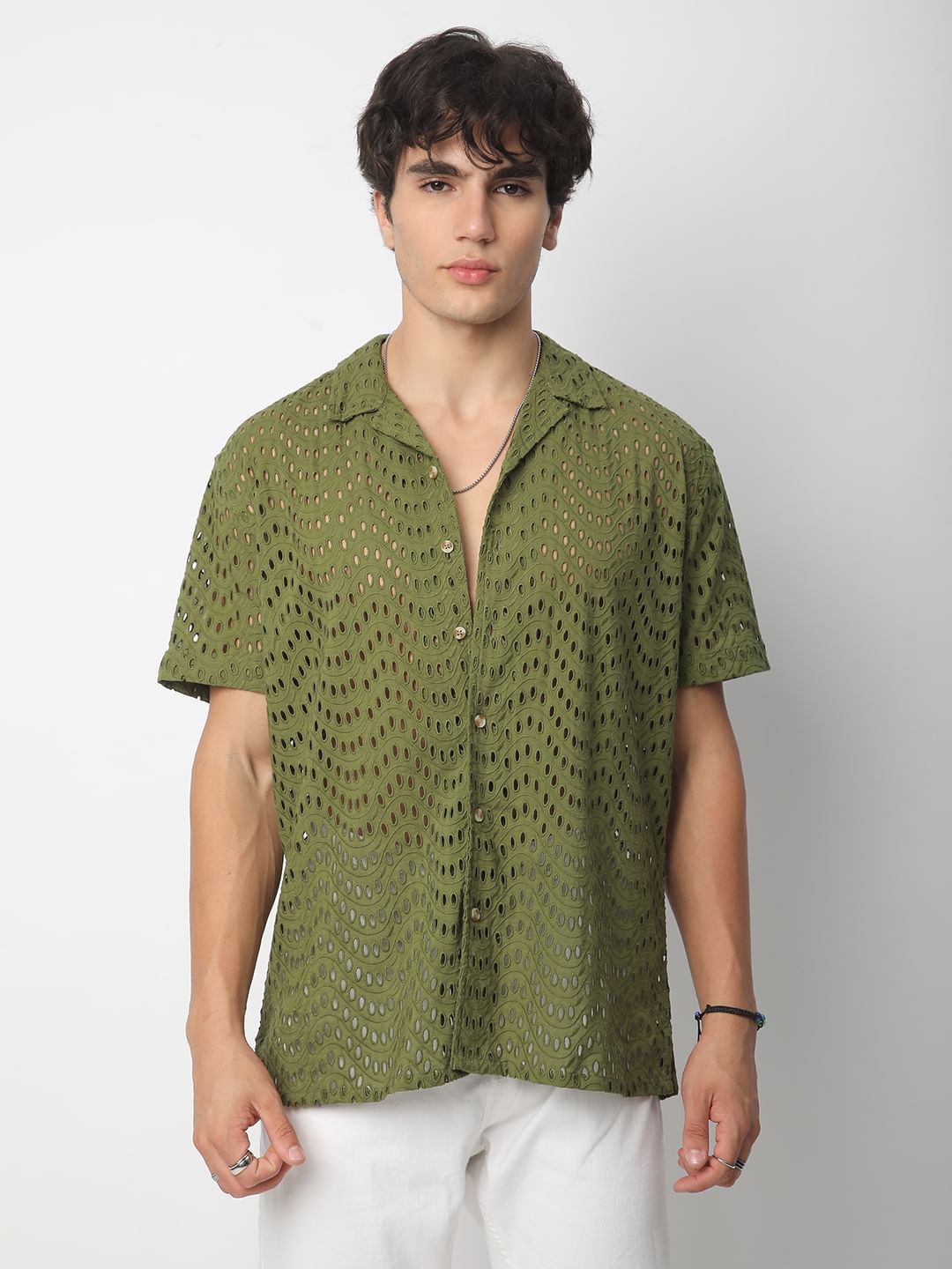 Olive Curved Schiffli Oversized Shirt