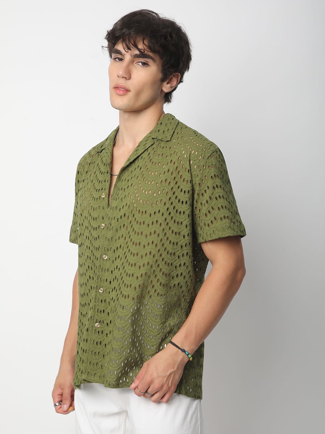 Olive Curved Schiffli Oversized Shirt