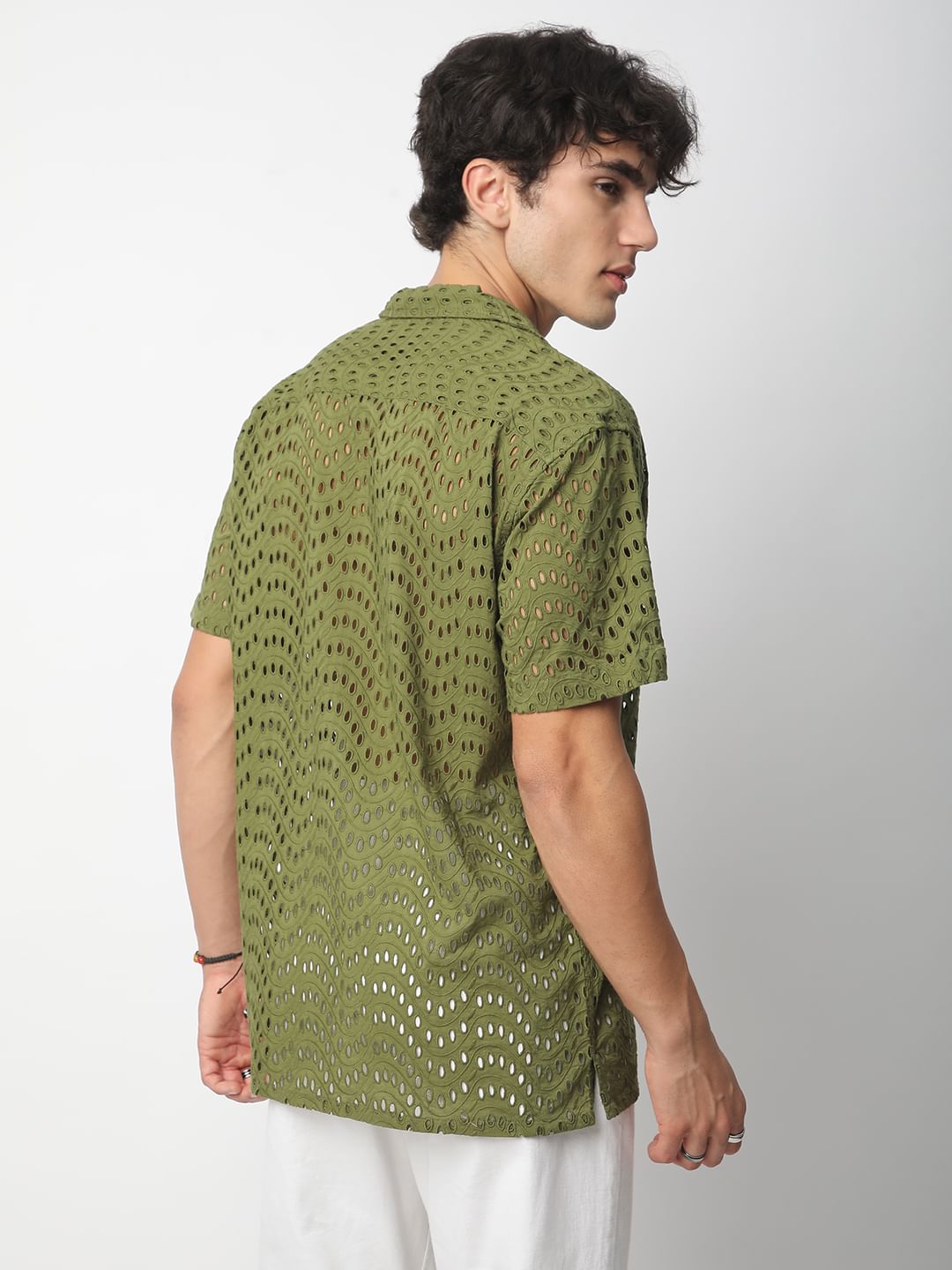 Olive Curved Schiffli Oversized Shirt