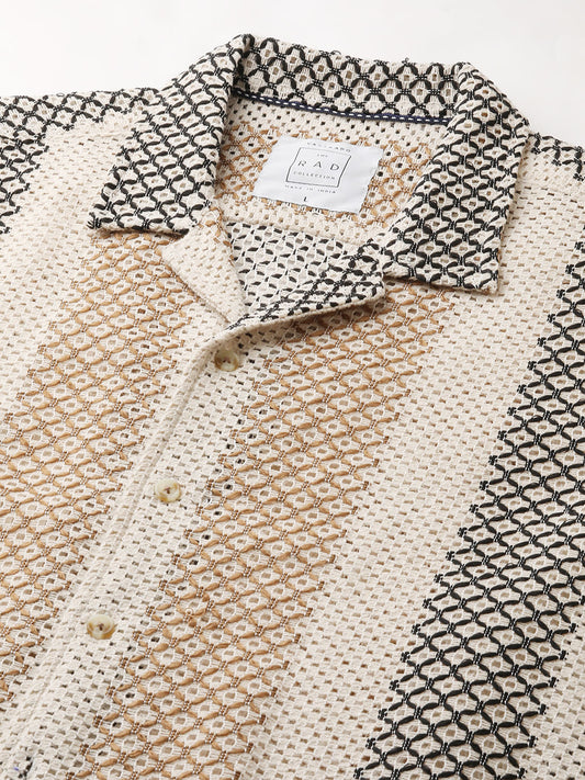 Glitzy Beige Striped Crochet Oversized Shirt
