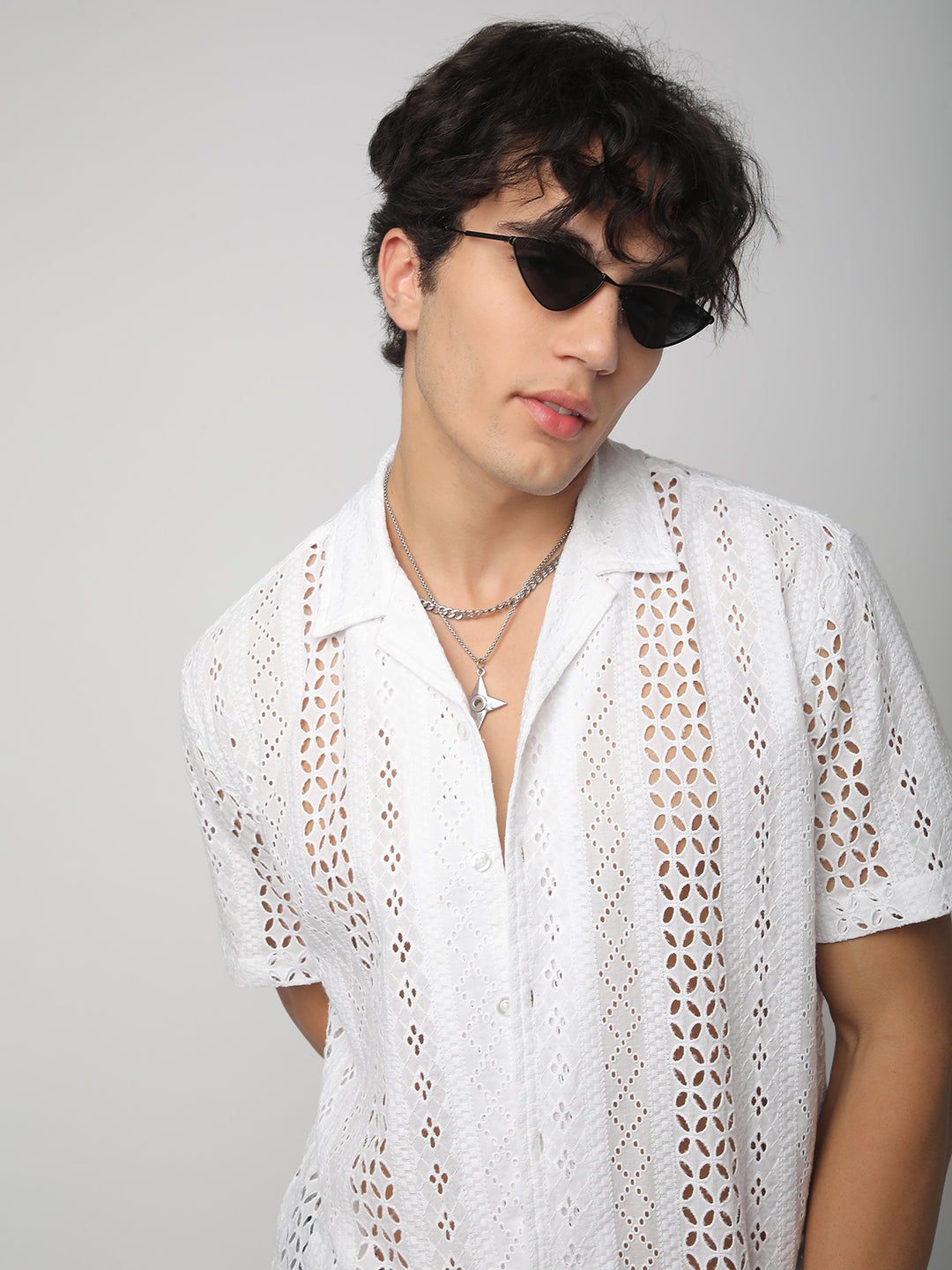 White Floral Schiffli Notch Collar Oversized Shirt