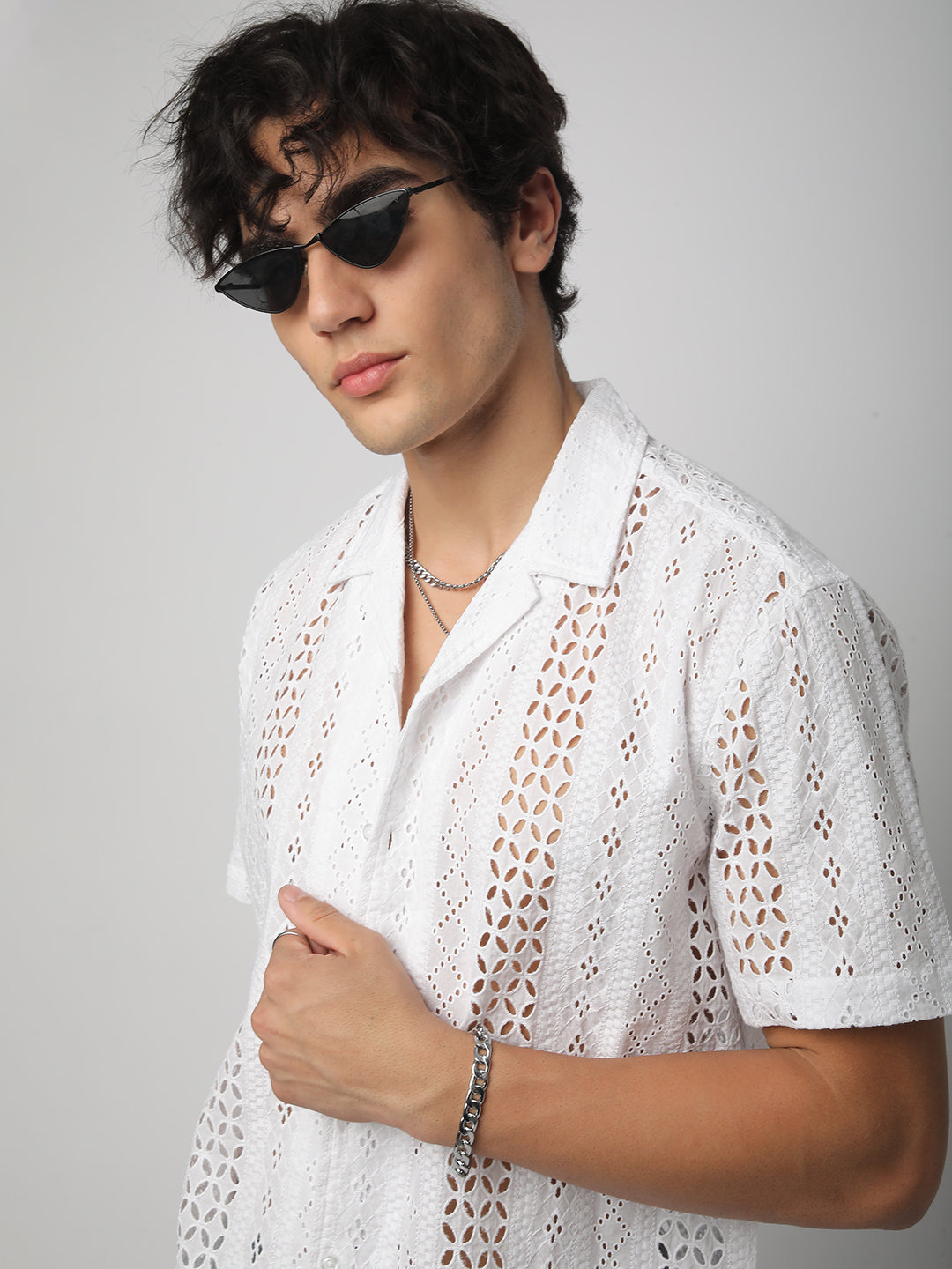 White Floral Schiffli Notch Collar Oversized Shirt