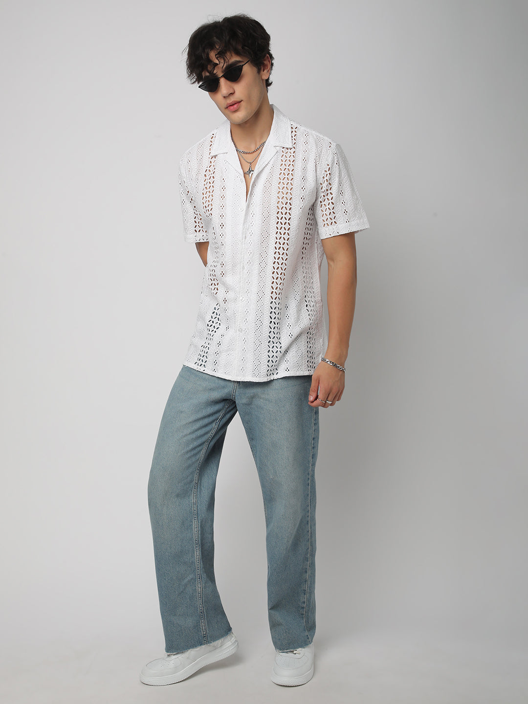 White Floral Schiffli Notch Collar Oversized Shirt