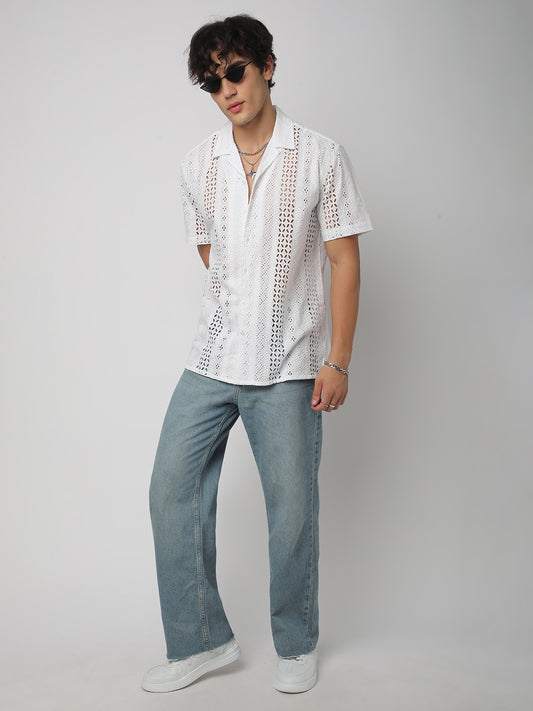 White Floral Schiffli Notch Collar Oversized Shirt
