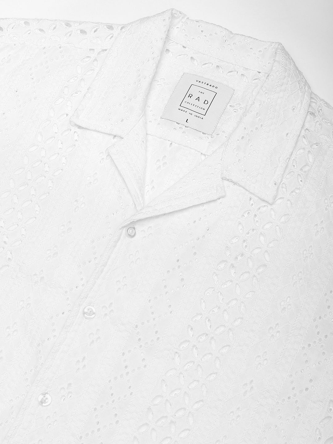White Floral Schiffli Notch Collar Oversized Shirt