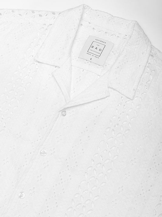 White Floral Schiffli Notch Collar Oversized Shirt