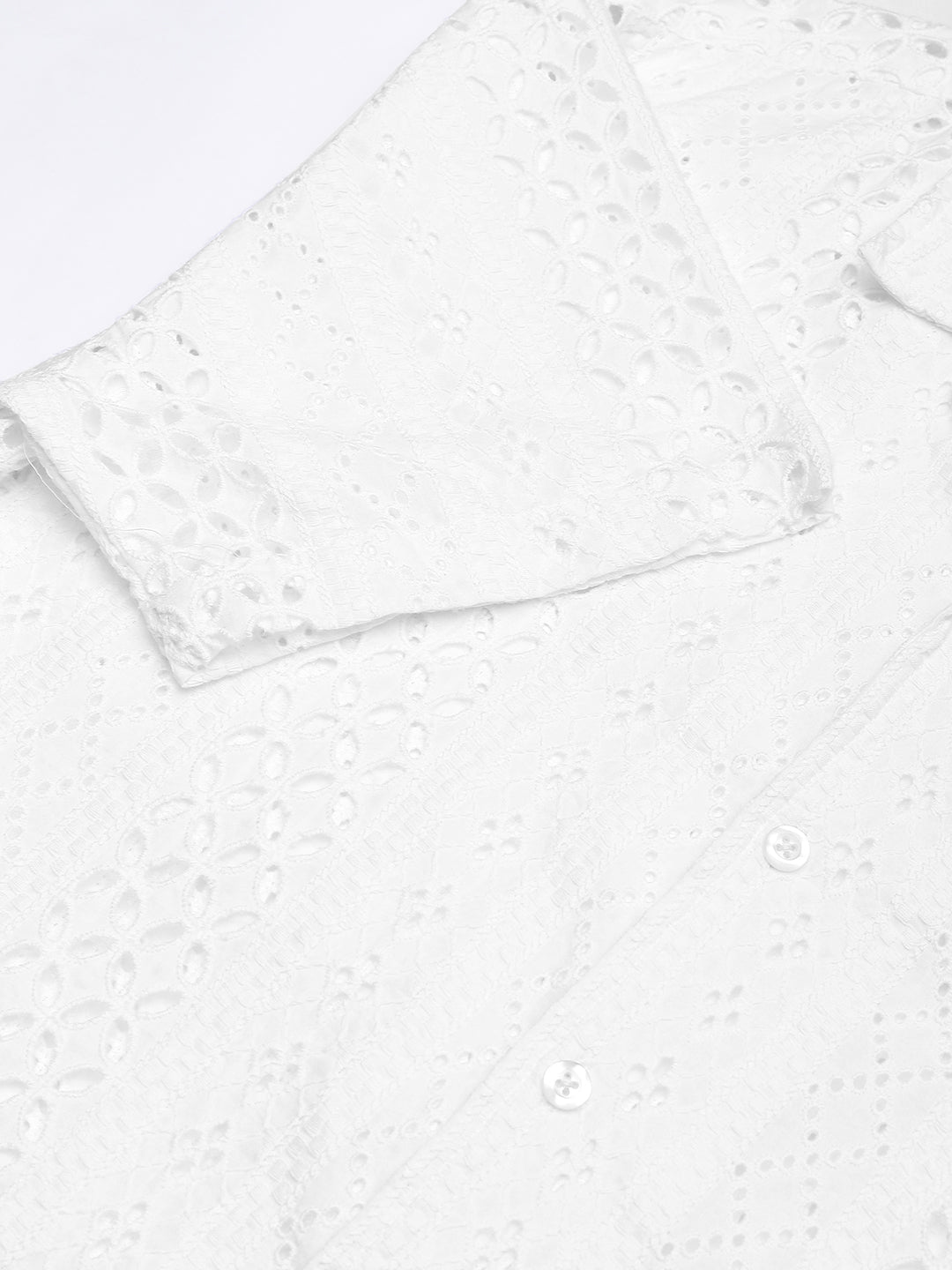 White Floral Schiffli Notch Collar Oversized Shirt