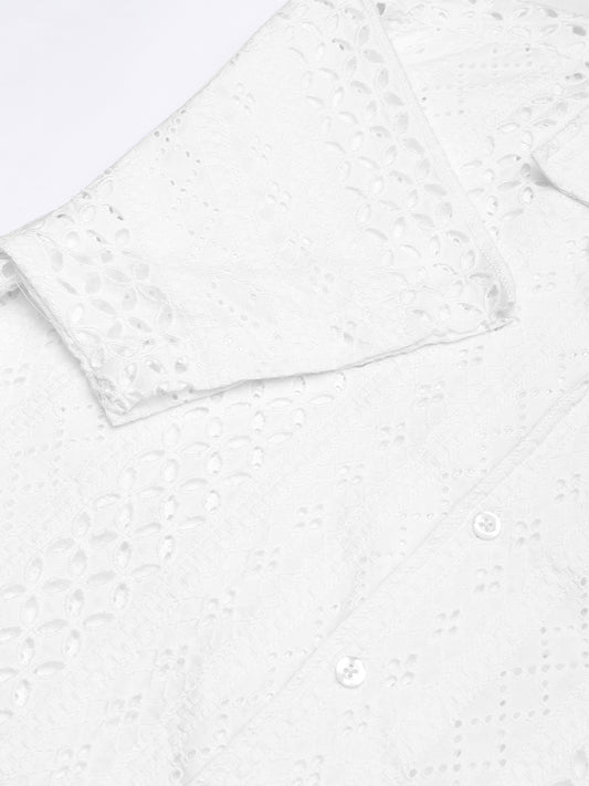 White Floral Schiffli Notch Collar Oversized Shirt