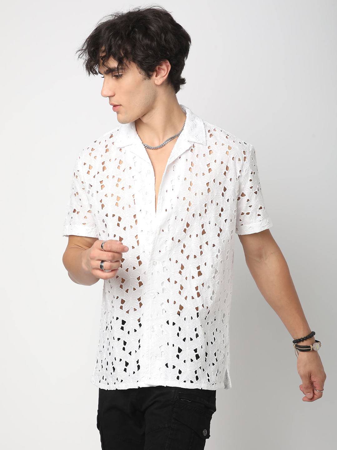 Snow White Schiffli Notch Collar Oversized Shirt