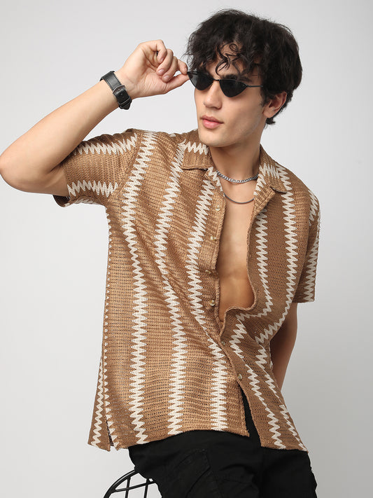 Zig-Zag Russet Brown Crochet Oversized Shirt