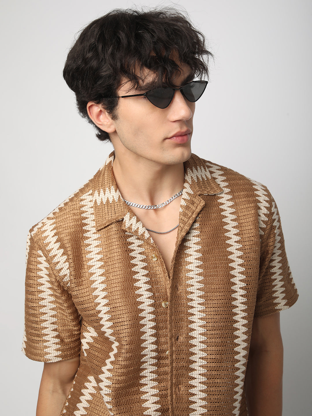 Zig-Zag Russet Brown Crochet Oversized Shirt