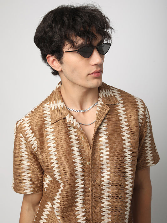 Zig-Zag Russet Brown Crochet Oversized Shirt