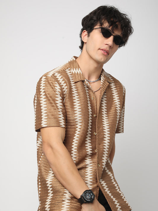 Zig-Zag Russet Brown Crochet Oversized Shirt