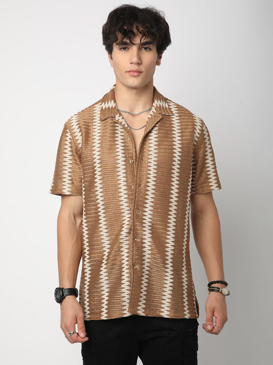 Zig-Zag Russet Brown Crochet Oversized Shirt