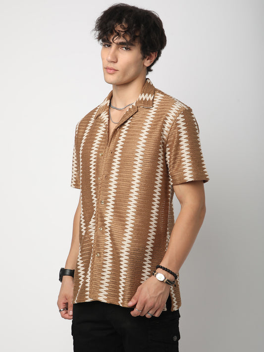 Zig-Zag Russet Brown Crochet Oversized Shirt