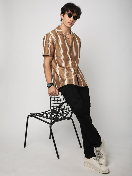 Zig-Zag Russet Brown Crochet Oversized Shirt