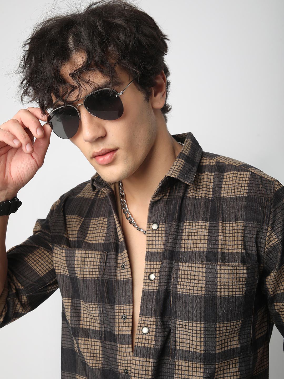 Brown Pearl Checks Double Pocket Corduroy Overshirt