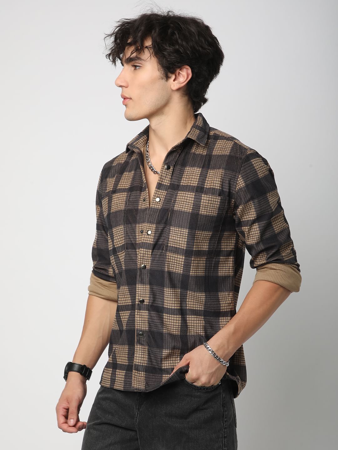 Brown Pearl Checks Double Pocket Corduroy Overshirt